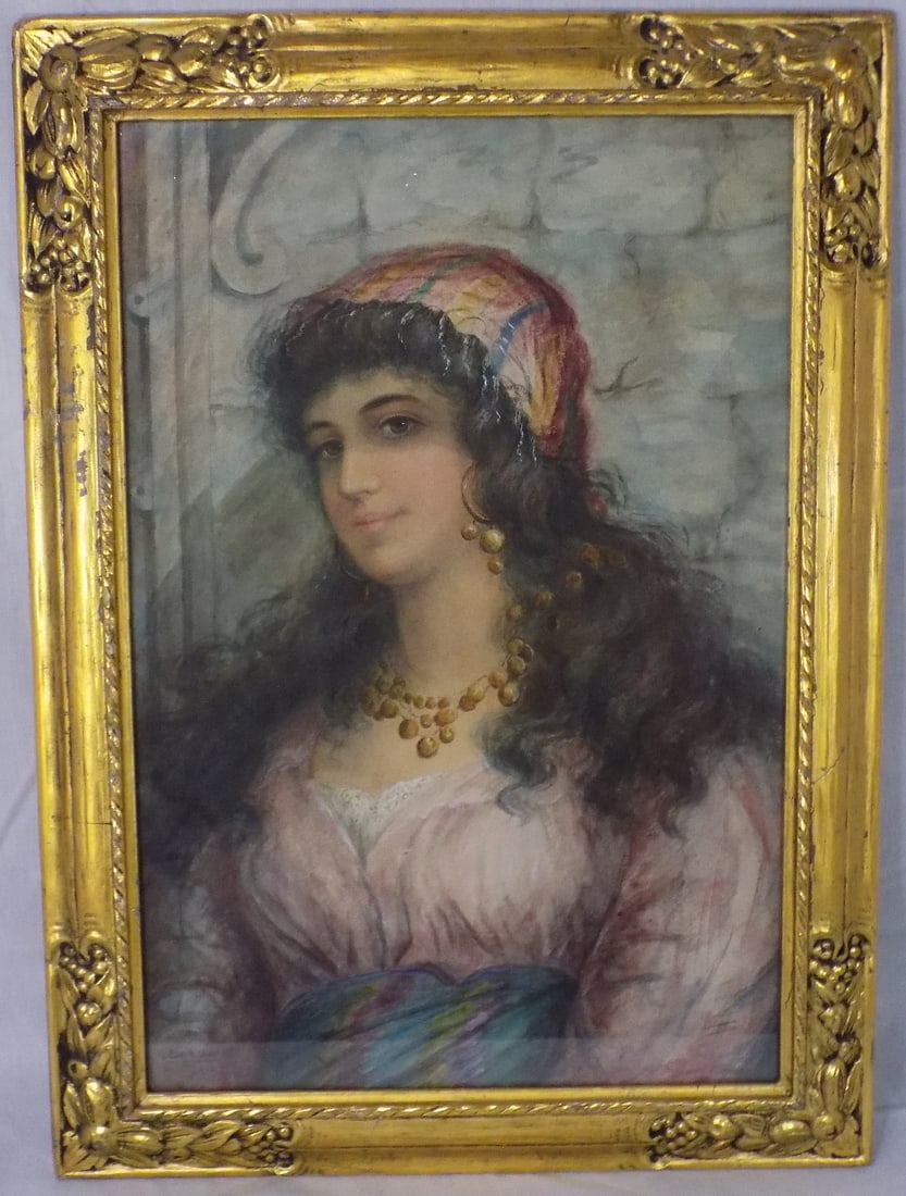 Beautiful vintage watercolor signed E.W. Miller 1902 of gypsy (1 of 6)