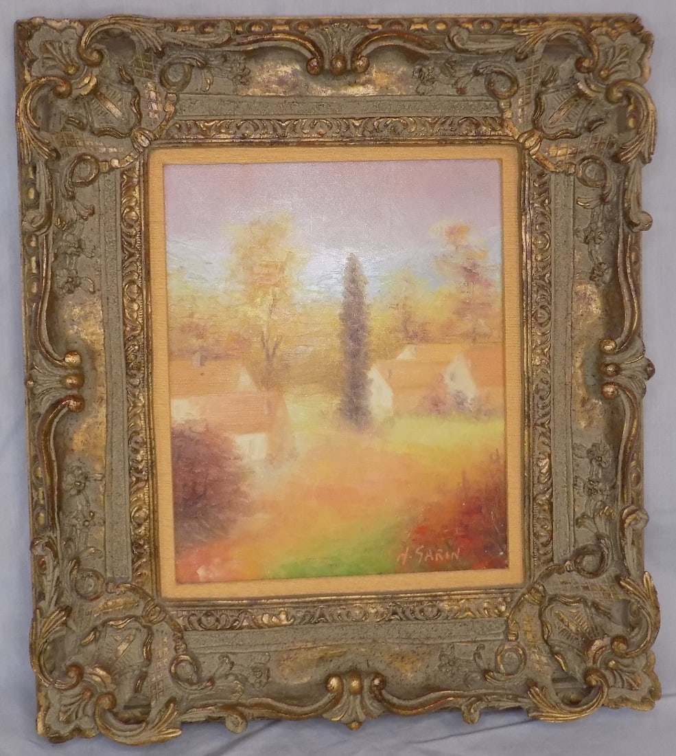 Pretty impressionist oil painting on canvas signed H. Garvin.: Pretty impressionist oil painting on canvas signed H. Garvin. Signed as shown in photo. Beautiful soft colors. In very good original as found condition. Great quality and detail. Ornate frame. Frame 1