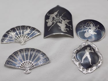 Five ornate vintage sterling silver Siam broaches