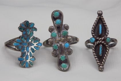 Three vintage Native American Indian turquoise and silver rings