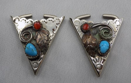 Native American Indian silver, turquoise and coral collar tips