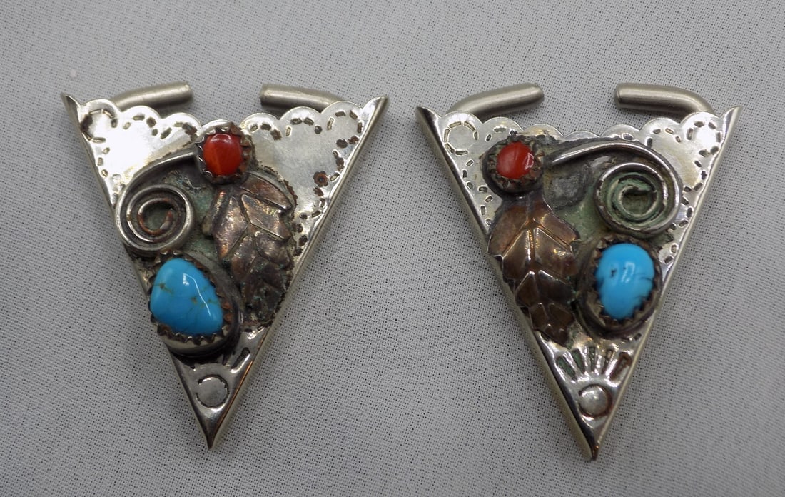 Native American Indian silver, turquoise and coral collar tips (1 of 4)