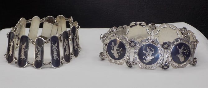 Two ornate vintage sterling silver Siam bracelets