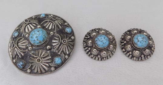 Vintage Alp Italy sterling silver broach and earrings with turquoise