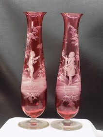 Beautiful pair of vintage enamel decorated cranberry art glass vases