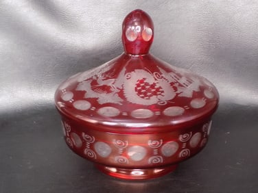 Very nice vintage red cut to clear art glass covered candy dish