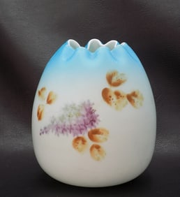 Antique hand painted satin art glass large rose bowl.