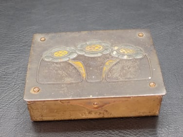 Vintage arts and crafts decorated brass stamp box