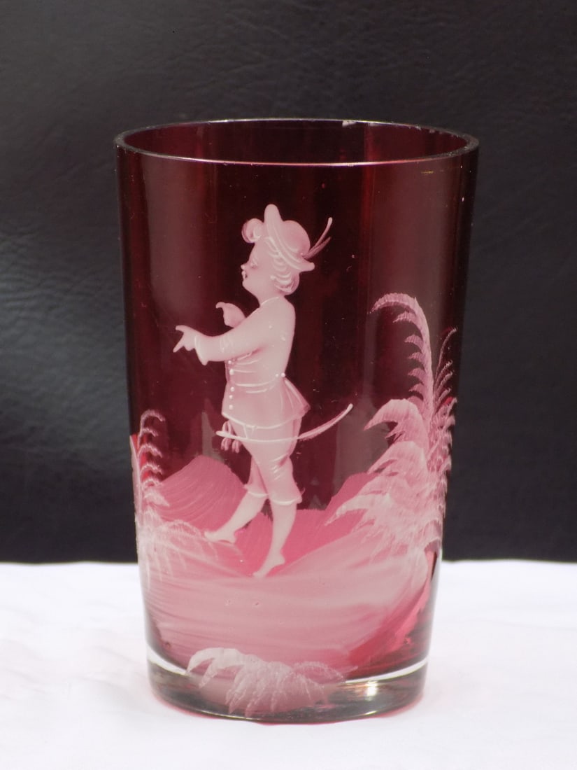 Nicely enamel decorated vintage water glass.: Nicely enamel decorated vintage water glass. Boy in nature. Beautiful colors. Great quality and detail. In very good original as found condition. 4 ¼ inches tall.