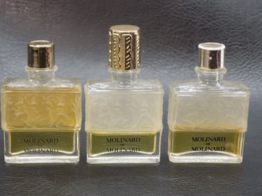 Three vintage Molinard Lalique art glass perfume bottles