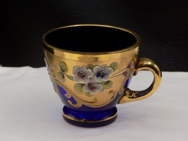 Antique Moser enamel decorated cobalt blue art glass cup.