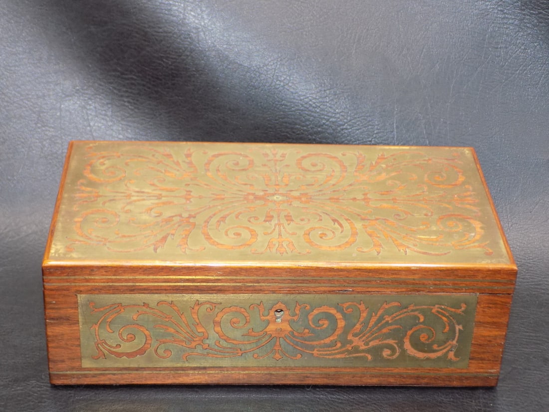 Very fine antique brass overlay wood box (1 of 6)