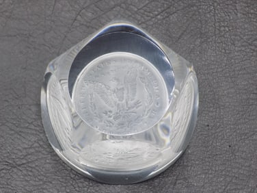 Neat vintage paperweight with Morgan silver dollar image pressed in bottom