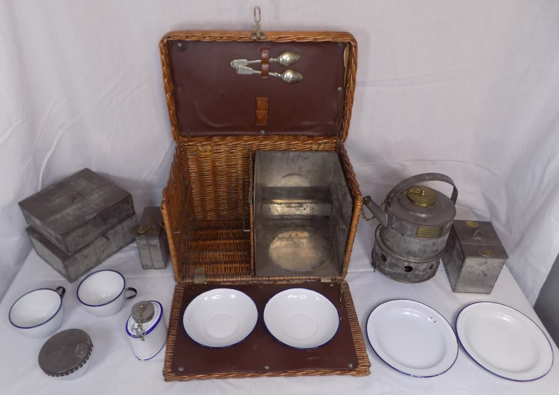 Great antique traveling picnic wicker basket. With picnic accessories (1 of 11)