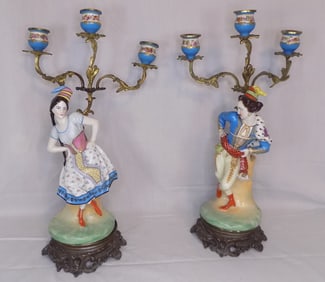 Great antique pair of Serves hard paste porcelain and bronze candelabras.