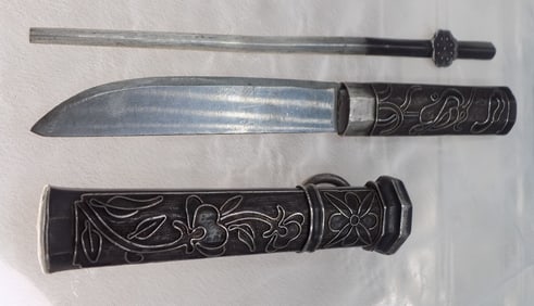 Ornate antique Sterling silver knive and sheath
