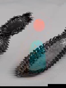 Vintage Native American Indian turquoise and coral silver ring: Vintage Native American Indian turquoise and coral silver ring. Great quality and detail. In very good original as found condition. No markings. Size 6 ½ .