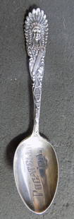 Antique sterling silver spoon with Native American Indian: Antique sterling silver spoon with Native American Indian. Marked as shown in photo. Great quality and detail. 5 inches. 20 grams.