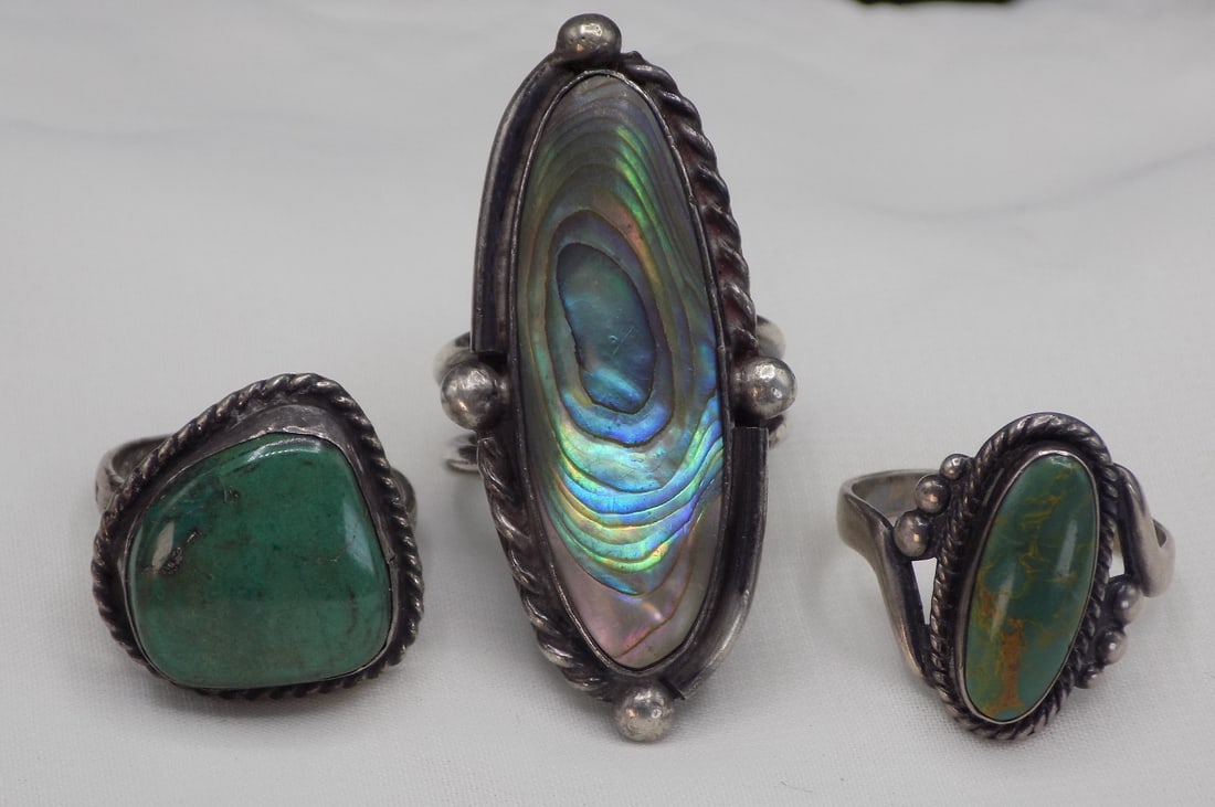 Three vintage Native American Indian turquoise and mother of pearl sterling silver rings (1 of 6)