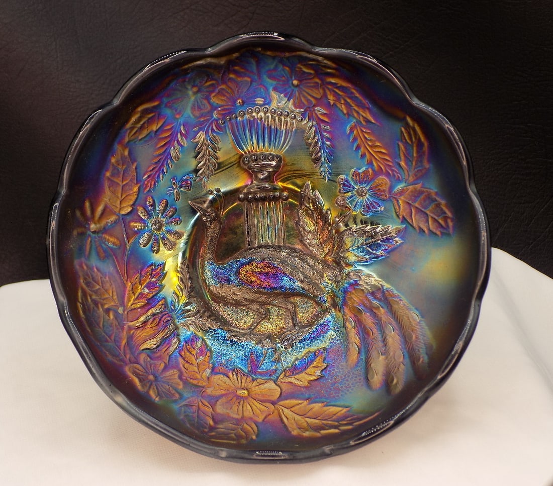 Vintage electric blue Northwood Peacock and Urn carnival glass bowl: Vintage electric blue Northwood Peacock and Urn carnival glass bowl. Beautiful colors. Great quality and detail. Marked on bottom as shown in photo. 5 ½ wide x 1 5/8 inches tall