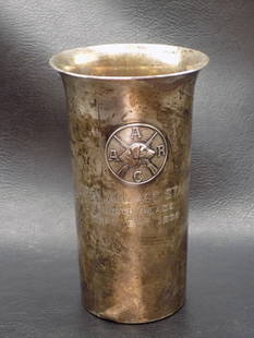 1958 sterling silver trophy vase: 1958 sterling silver trophy vase. Open All Ages Stake AARC with dog head and guns. Marked as shown in photos. Great quality and detail. 5 ¼ tall x 3 inches wide at top. 157 grams