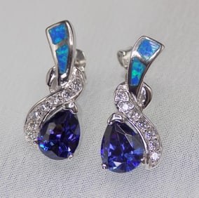 Beautiful 2 cwt sapphire and blue opal sterling silver earrings