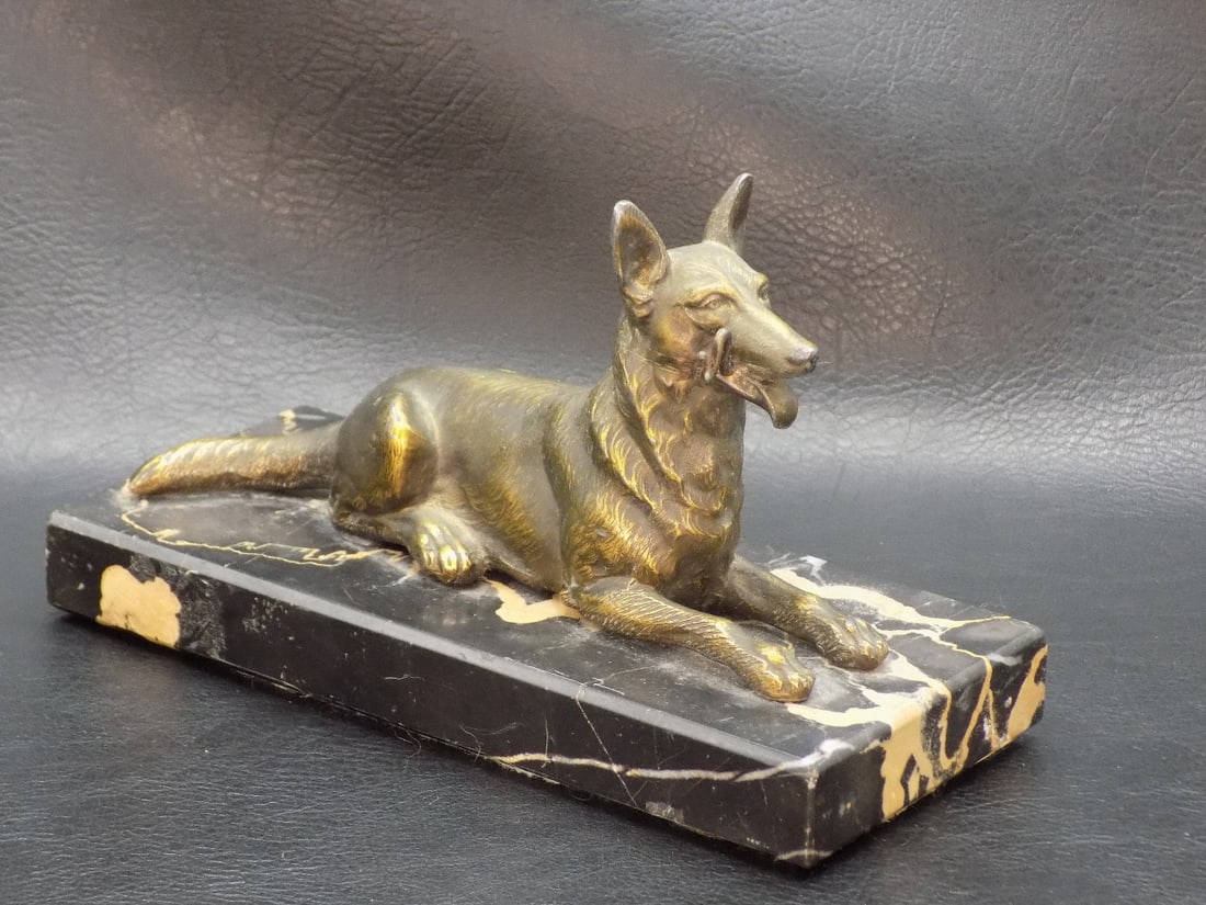 Unusual antique bronze dog on marble pocket watch holder (1 of 6)