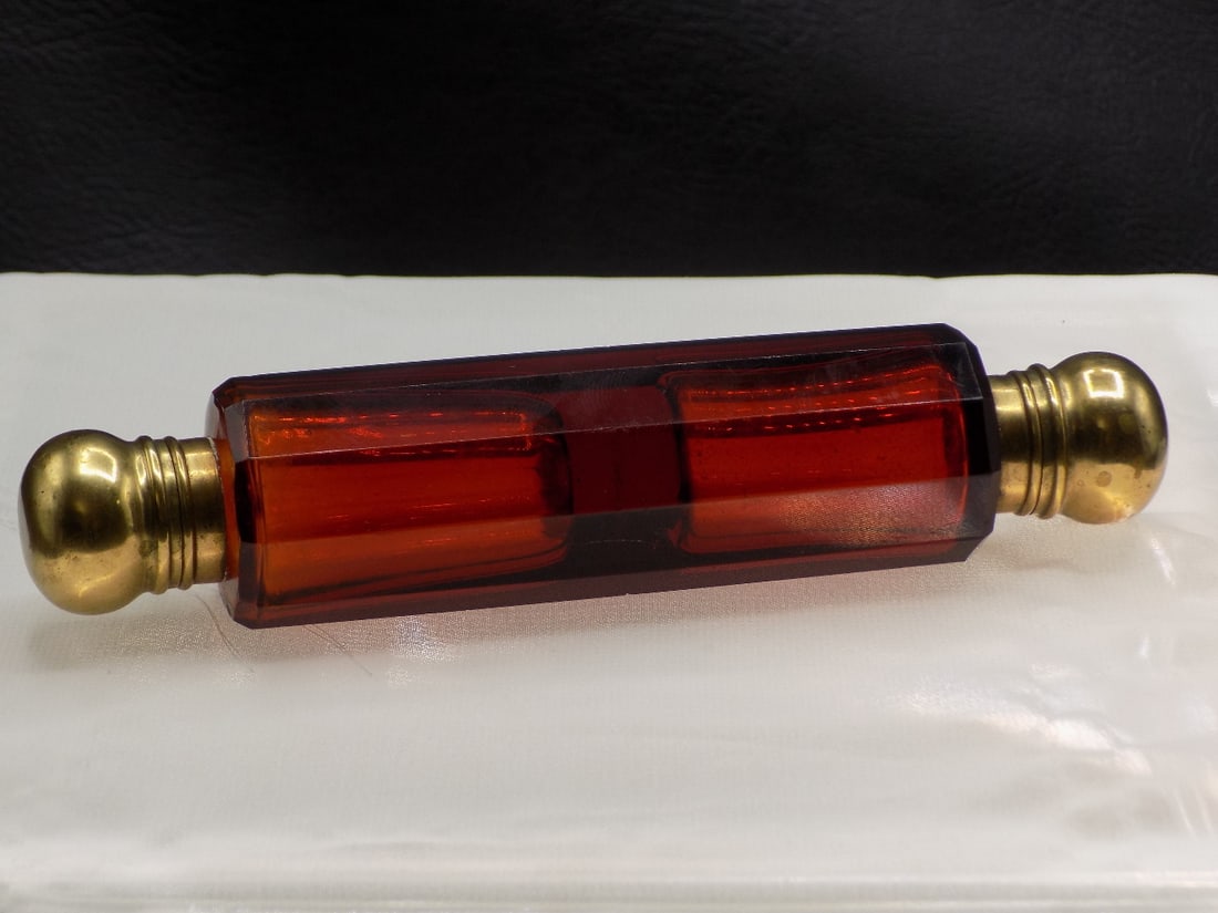 Antique cranberry cut art glass lay down double perfume bottle (1 of 5)