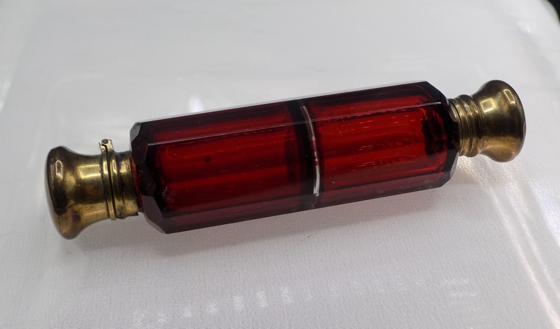 Antique cranberry cut art glass lay down double perfume bottle (1 of 5)