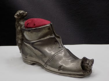 Unusual antique pin cushion shoe with dog and cat