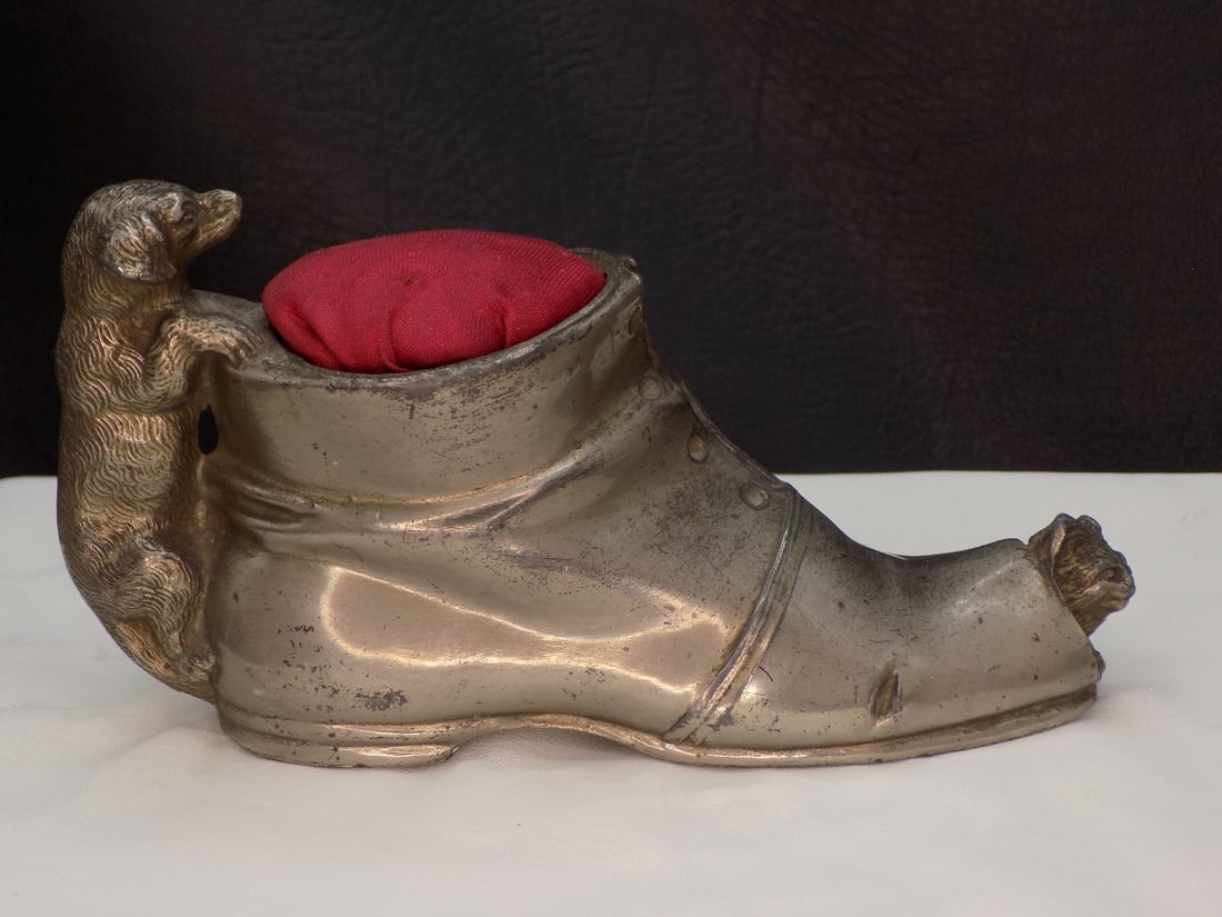 Unusual antique pin cushion shoe with dog and cat (1 of 6)