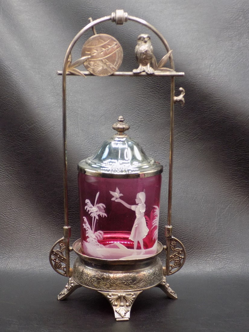 Antique cranberry decorated art glass pickle castor in ornate frame with owl (1 of 10)