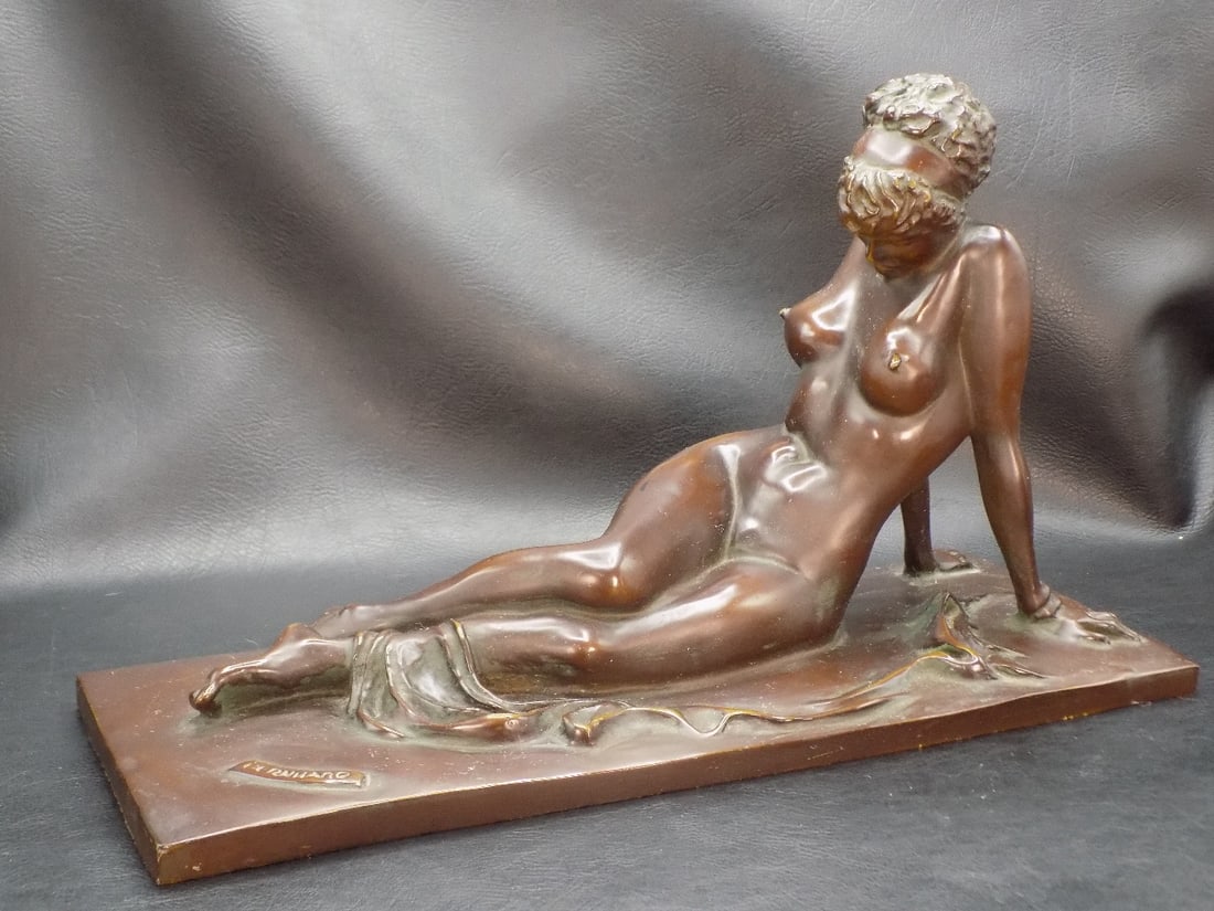Beautiful vintage bronze reclining nude woman signed Bernhard: Beautiful vintage bronze reclining nude woman signed Bernhard. Probably Lucian Bernard Ariadne. Original patina. Great quality and detail. Marked as shown in photo. 7 ¾ inches tall. Base 14 ½