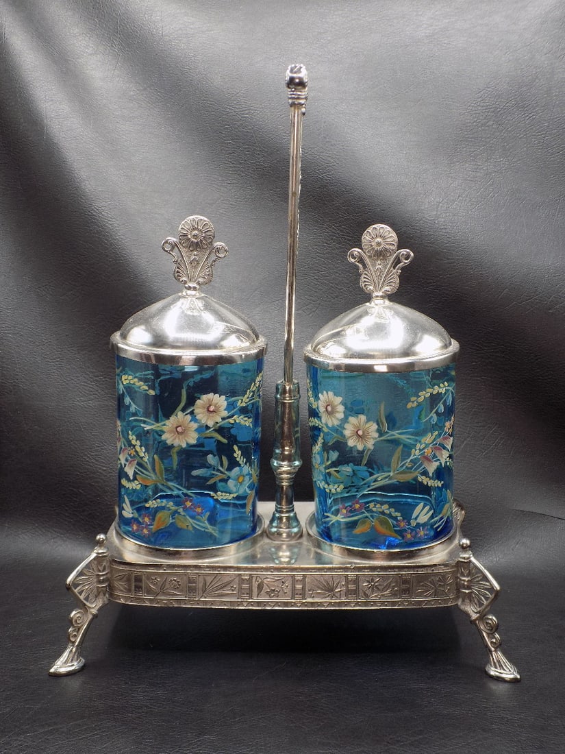 Fabulous antique Pairpoint hand painted art glass double pickle castor (1 of 13)