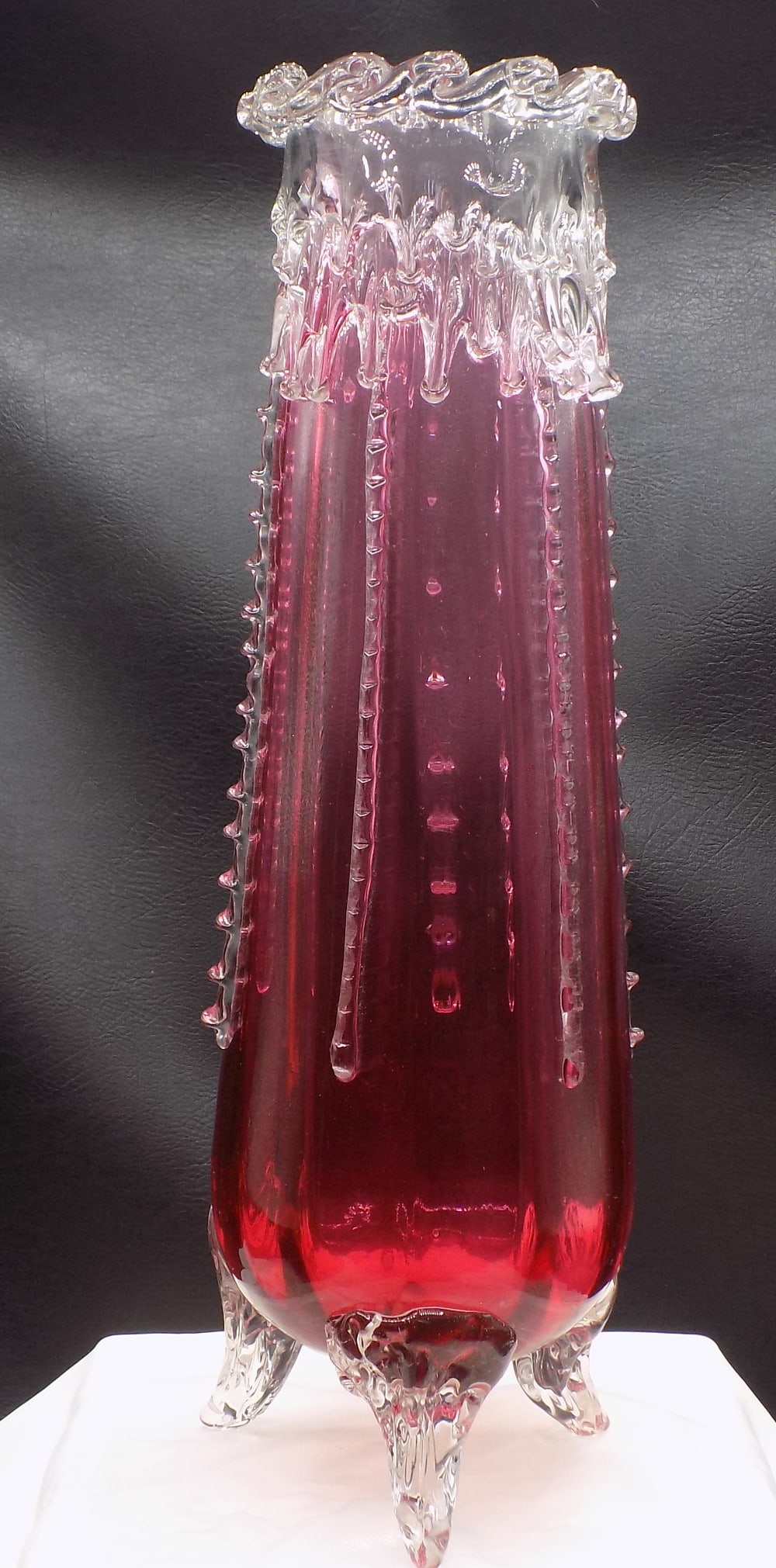 Beautiful antique cranberry and clear icicle art glass vase (1 of 9)