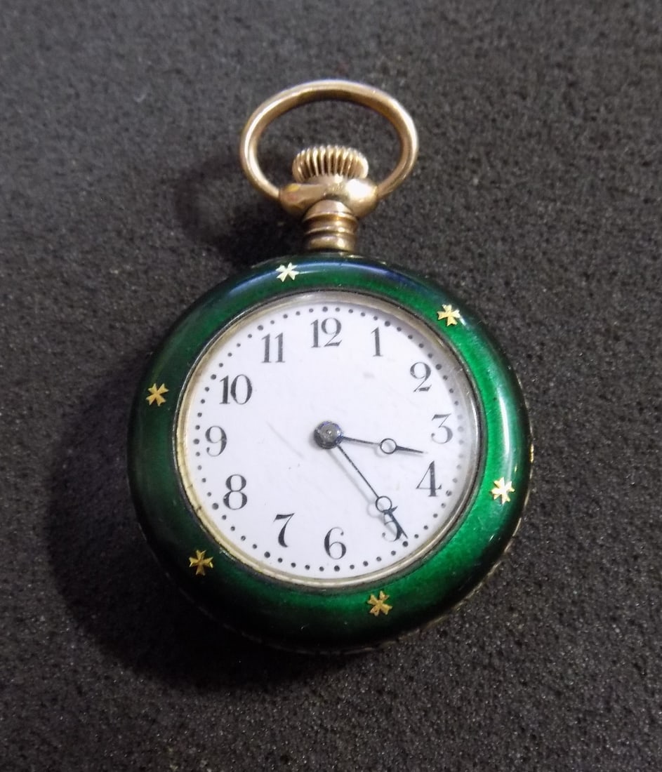 Great vintage Guilloche enamel decorated sterling silver pocket watch: Great vintage Guilloche enamel decorated sterling silver pocket watch. White porcelain dial. Marked as shown in photos. Running at time of listing. Please see photos for maker marks and serial numbers