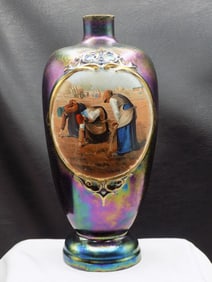 Beautiful antique iridescent art glass vase with hand scene of gleaners