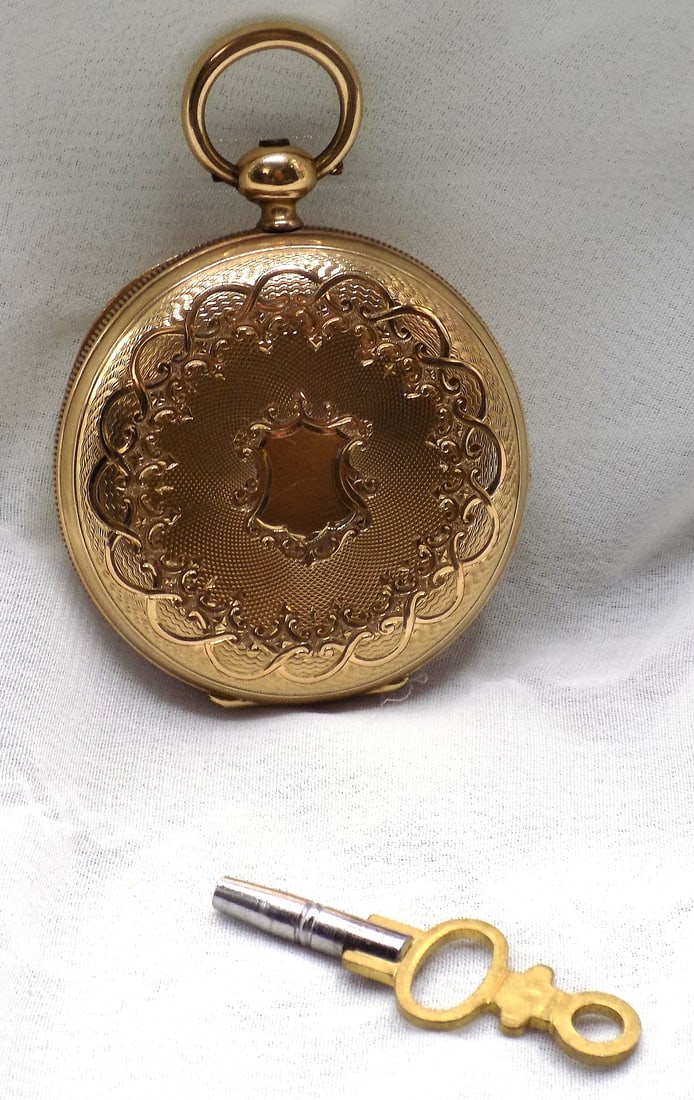 Fancy high grade antique 14k gold Swiss key wind hunting case pocket watch (1 of 9)