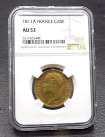 1811 A France G40F graded NGC AU53. Forty Francs. gold coin.