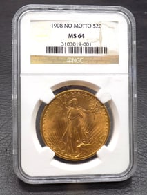 1908 MS64 No Motto twenty dollar gold coin