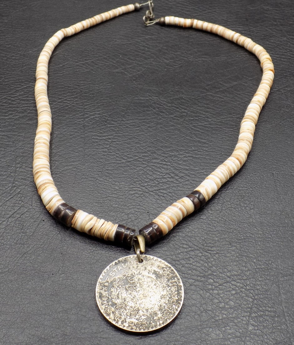 Antique silver coin on vintage Native American Indian beaded necklace (1 of 5)