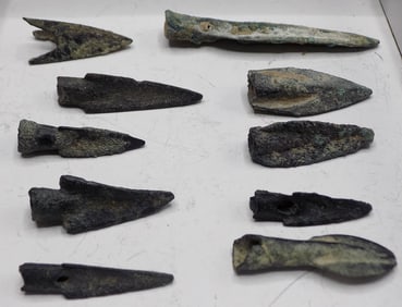Great collection of ten ancient luristan bronze arrow and spear heads