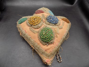 Late 1800s Native American Indian beadwork hear shape pillow