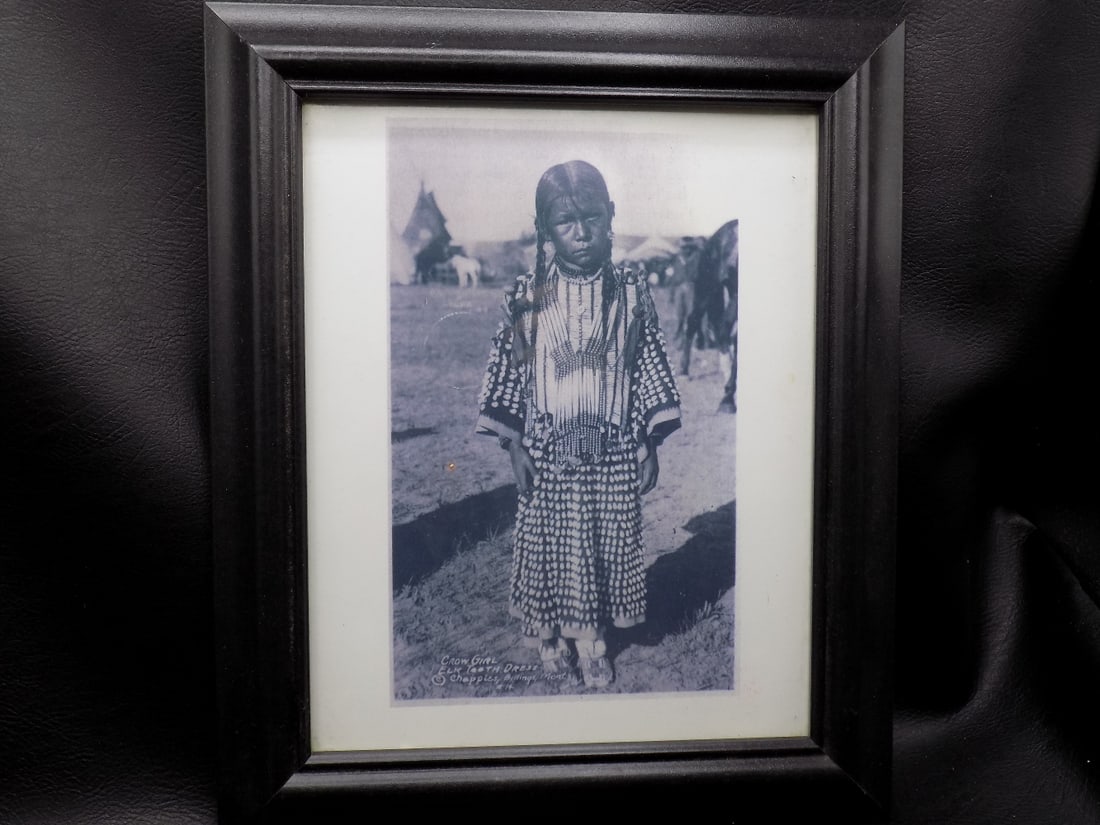 Native American Indian Crow girl with elk tooth dress: Native American Indian Crow girl with elk tooth dress. Chappels Billings Mont. 1914. Please see photos. Frame 12 ½ x 10 ¼ inches. Did not remove the back.