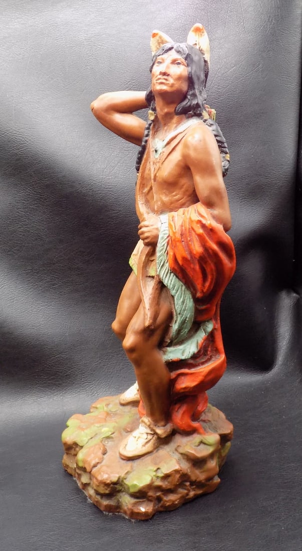 Native American Indian warrior statue: Native American Indian warrior statue. Marked on base as shown in photo. Probably same company as maiden in lot 312. Beautiful colors. Great quality and detail. In very good original as found conditio