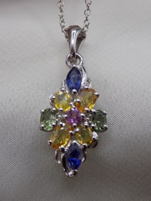Beautiful sapphire, citrine, topaz, and pink sapphire sterling silver necklace
