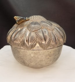 Vintage silverplated jewelry box with bee in flowers
