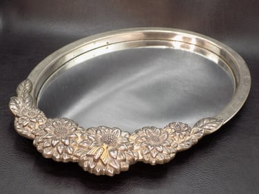 Vintage silverplated dressing mirror with bee in flowers