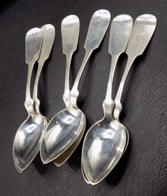 Six early A. B. Booth and Son coin silver teaspoons