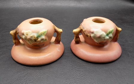 Pair of vintage Roseville apple blossom candles